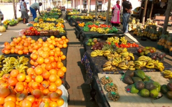 Pasar makanan di Afrika dengan pisang dan buah-buahan diletakkan